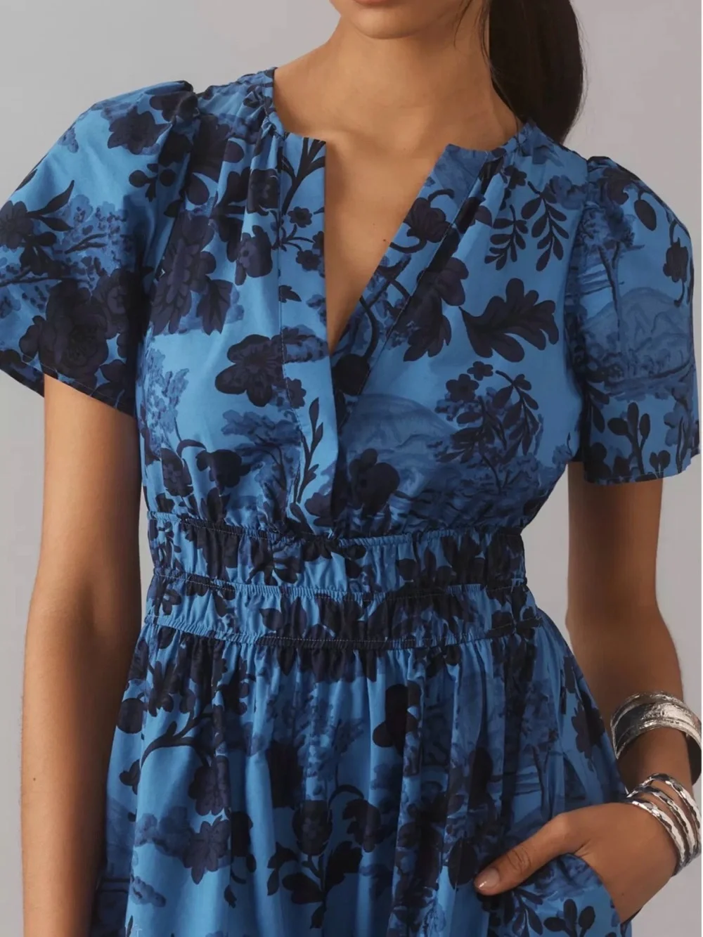 Anthropologie The Somerset Blue & Navy Floral Tiered Maxi Dress - Picture 2 of 5